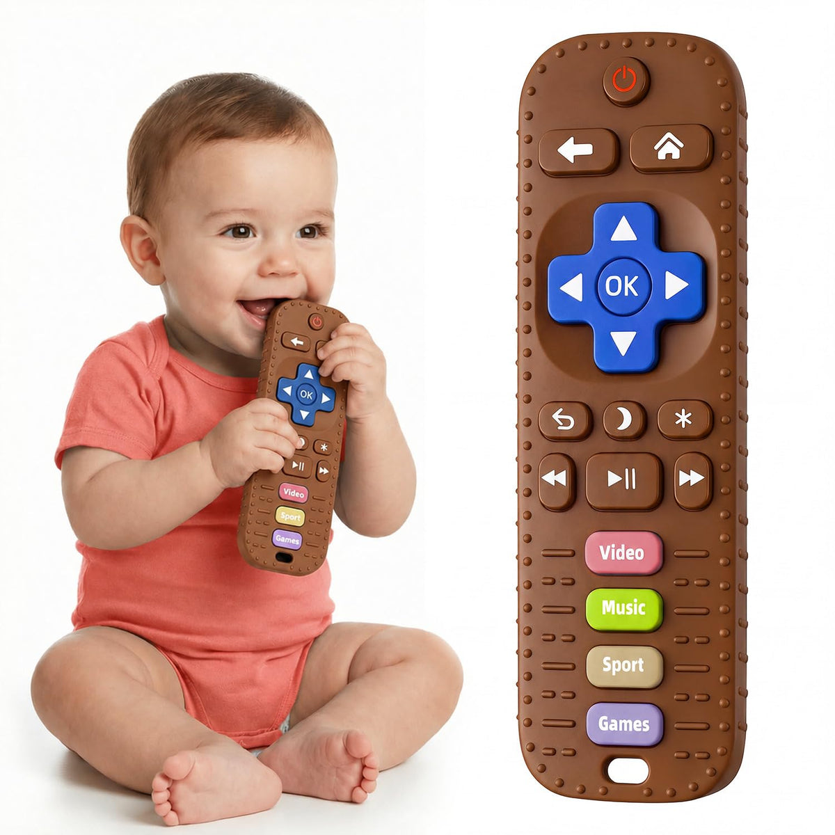 Baby Teething Toys, Remote Control Sensory Teether, Silicone Chew Toy for Teething Relief, BPA-Free Baby Remote Gift for Infants 3-6, 6-12 Months (Brown)