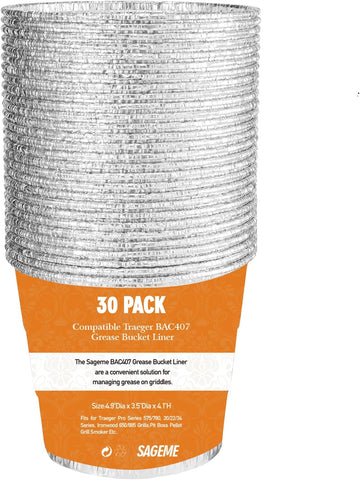 30 Pack BAC407 Grease Bucket Liner for Traeger Grills,Drip Liner Drip Pan for HDW152 Grease Bucket Traeger Pro Series 575/780, 20/22/34, Ironwood 650/885 Grills