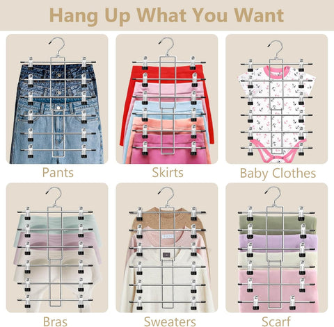 Pants Hangers with Clips,Space Saving Hanging Closet Organizer-6 Tiers Skirt Hangers with 360° Swivel Hook,Closet Organizer-Clothes Hangers- College Dorm Essentials Apartment Essentials- 4 Pack