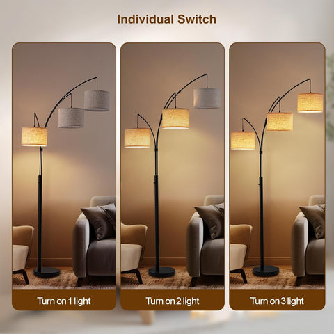 3 Light Arc Floor Lamp with Remote, Beige Shade Black Pole