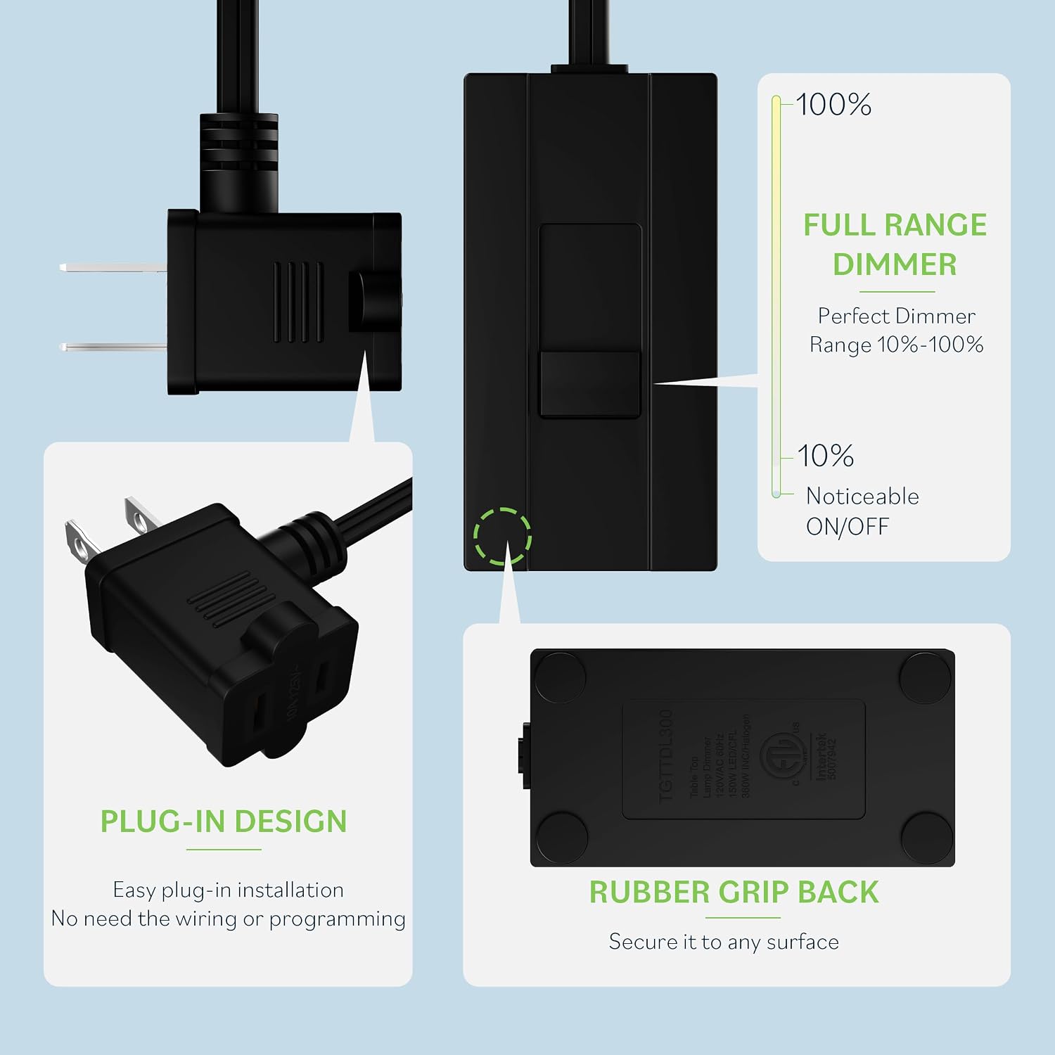 TOPGREENER Plug-in Dimmer Switch for Lamps, Full Range Control,6-FT Cord,1P