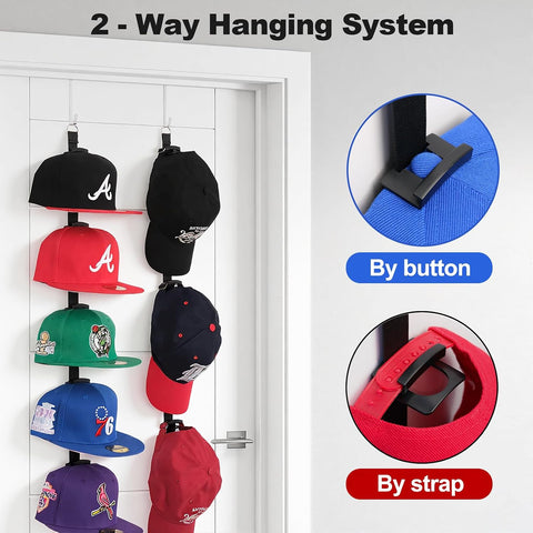 Over-the-Door Hat Organizer for Baseball Caps, Button & Strap 2-Way Hanging