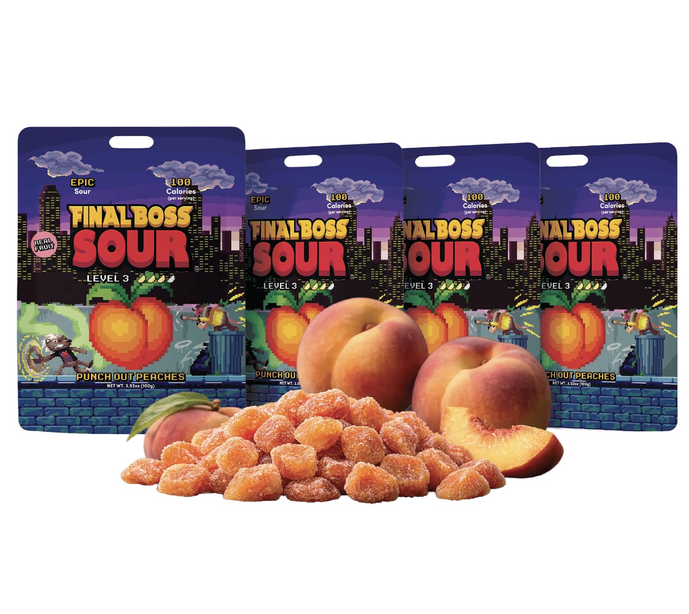 Final Boss Sour Fruit Candy, Punch-Out Peaches, Level 3, 4 Pack