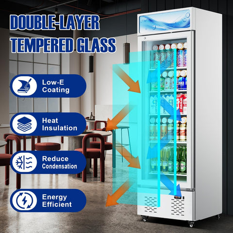 11 Cu.ft White Commercial Display Refrigerator Cooler,Glass Door Beverage Refrigerators with LED Light and 5 Shelves