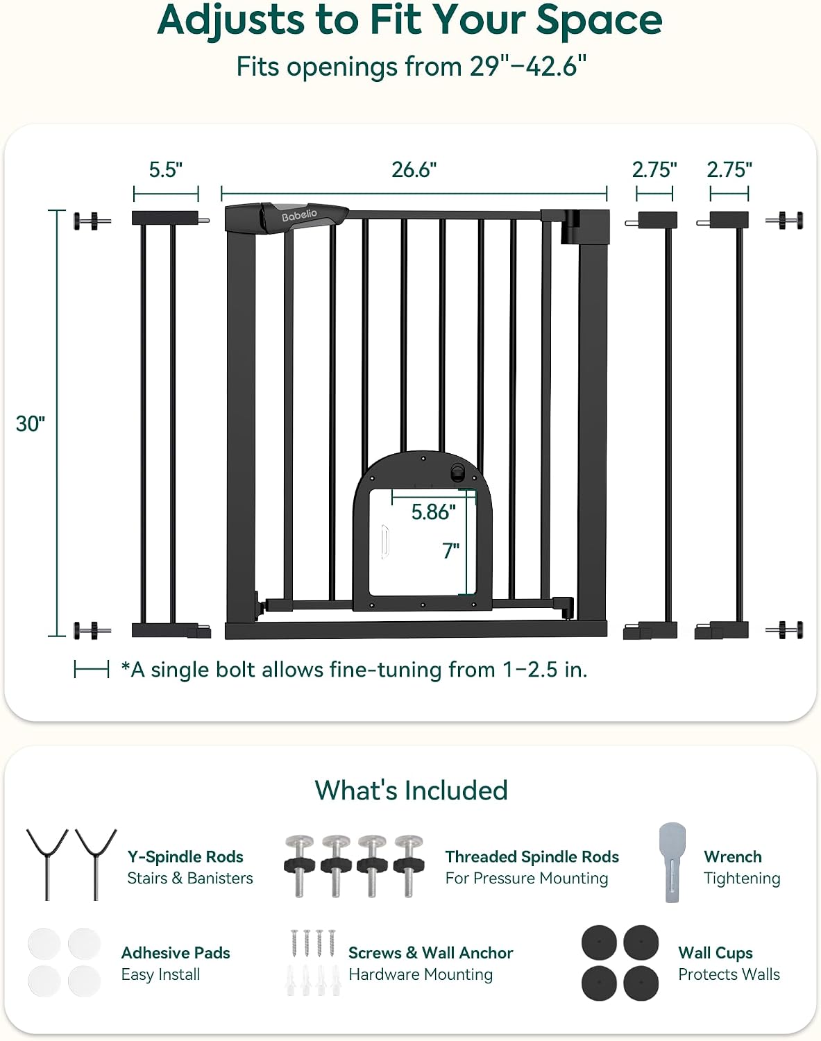 Babelio Dog Gate with Adjustable Cat Door, CatPrivilege III, 29-43", Black