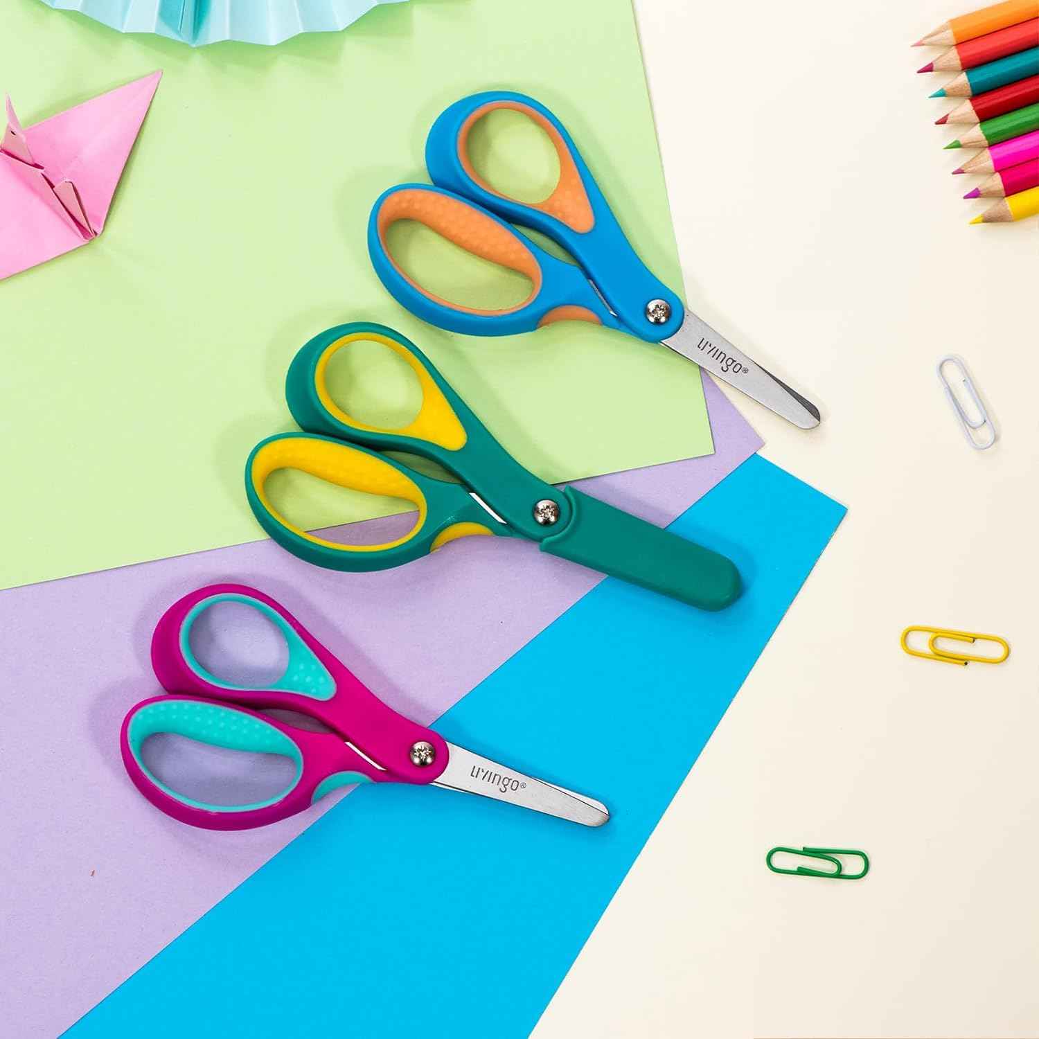 LIVINGO Left Handed Kids Scissors for School 5" Blunt Safety 3 Pack