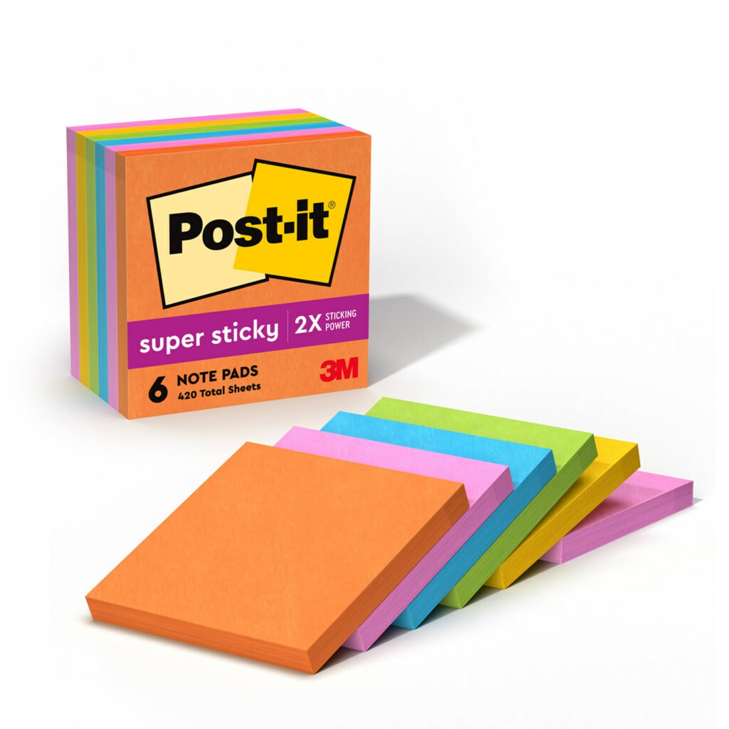 Post-it Super Sticky Notes, 3x3 in, 6 Pads, 2x the Sticking Power, Energy Boost Collection, Bright Colors (Orange, Pink, Blue, Green,Yellow),Recyclable (654-6SSAU)