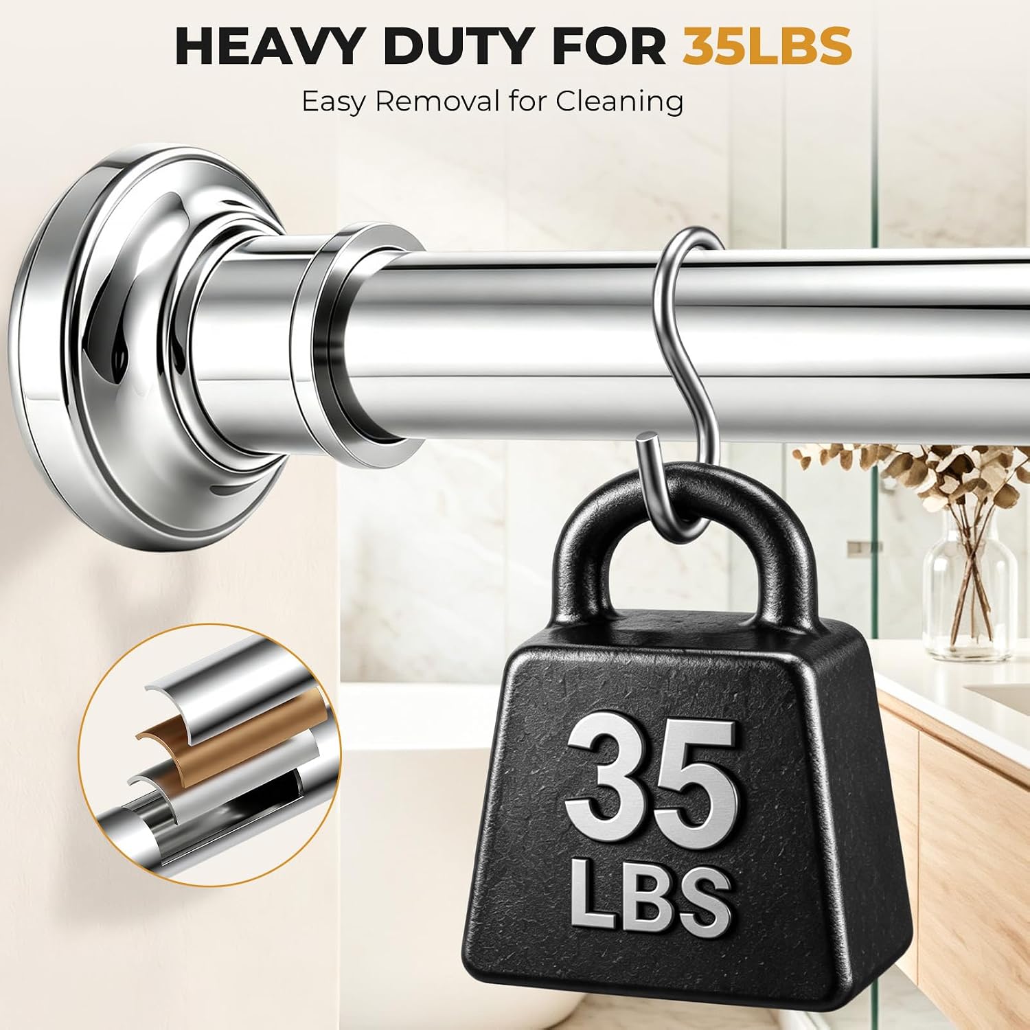 Silver Long Curtain RodTension Shower Curtain Rods 30 to 90 inch Adjustable Spring Heavy Duty Rods for Bathroom Windows Outdoor No Drill No Slip Stainless Steel