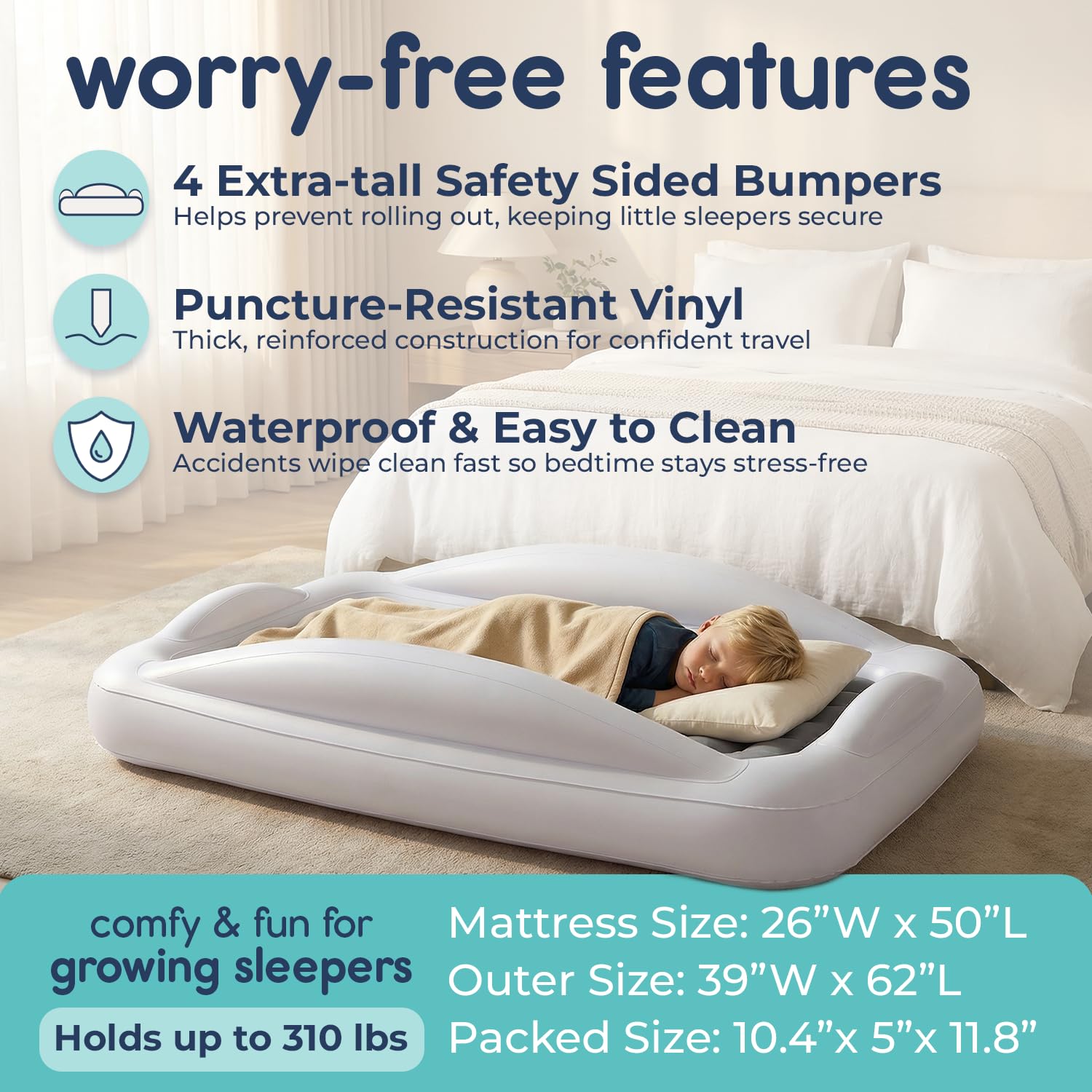 Hiccapop Inflatable Toddler Travel Bed with Safety Bumpers 4-Sided, Grey