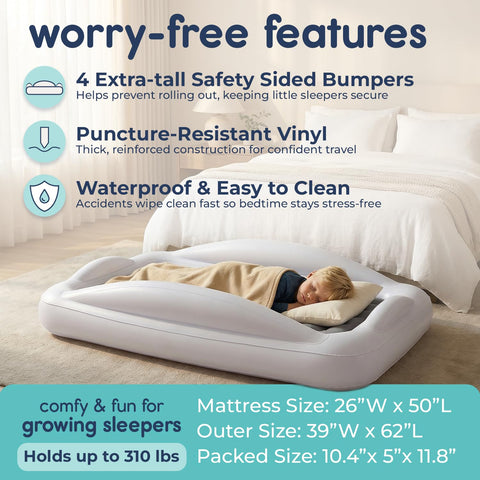 Hiccapop Inflatable Toddler Travel Bed with Safety Bumpers 4-Sided, Grey