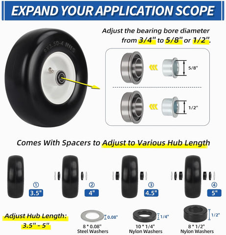 GICOOL 9x3.50-4 Zero Turn Mower Flat Free Tire and Wheel Assembly, Smooth Tread Front Tires for ZTR Mowers, 1/2'' & 3/4" & 5/8" Bearing Bore, Adjustable Centered Hub Length 3.5"-4"-4.5"-5", 2-Pack