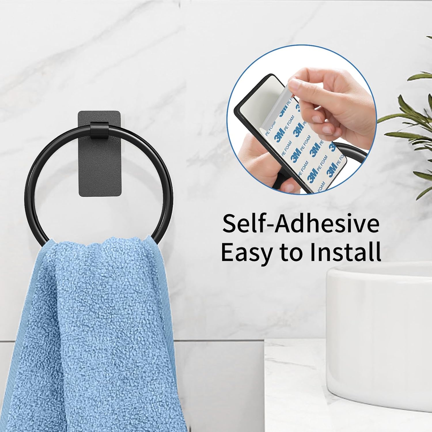 STWWO Hand Towel Holder for Bathroom, Adhesive Round Towel Ring, Black
