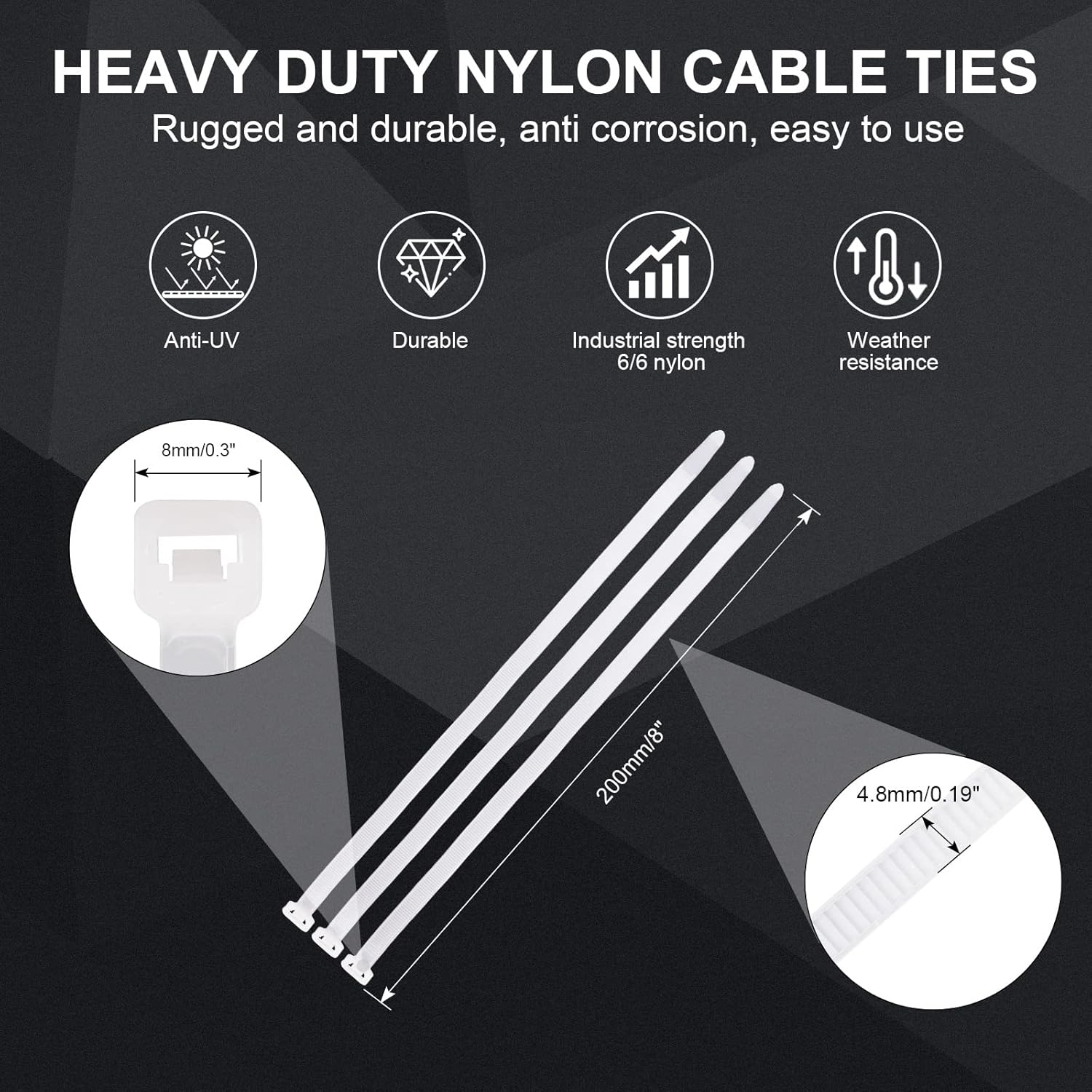 Clear Zip Ties Heavy Duty 8 Inch(100 Pack), 50lb, White Cable Ties, Zipties
