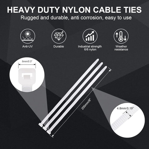 Clear Zip Ties Heavy Duty 8 Inch(100 Pack), 50lb, White Cable Ties, Zipties