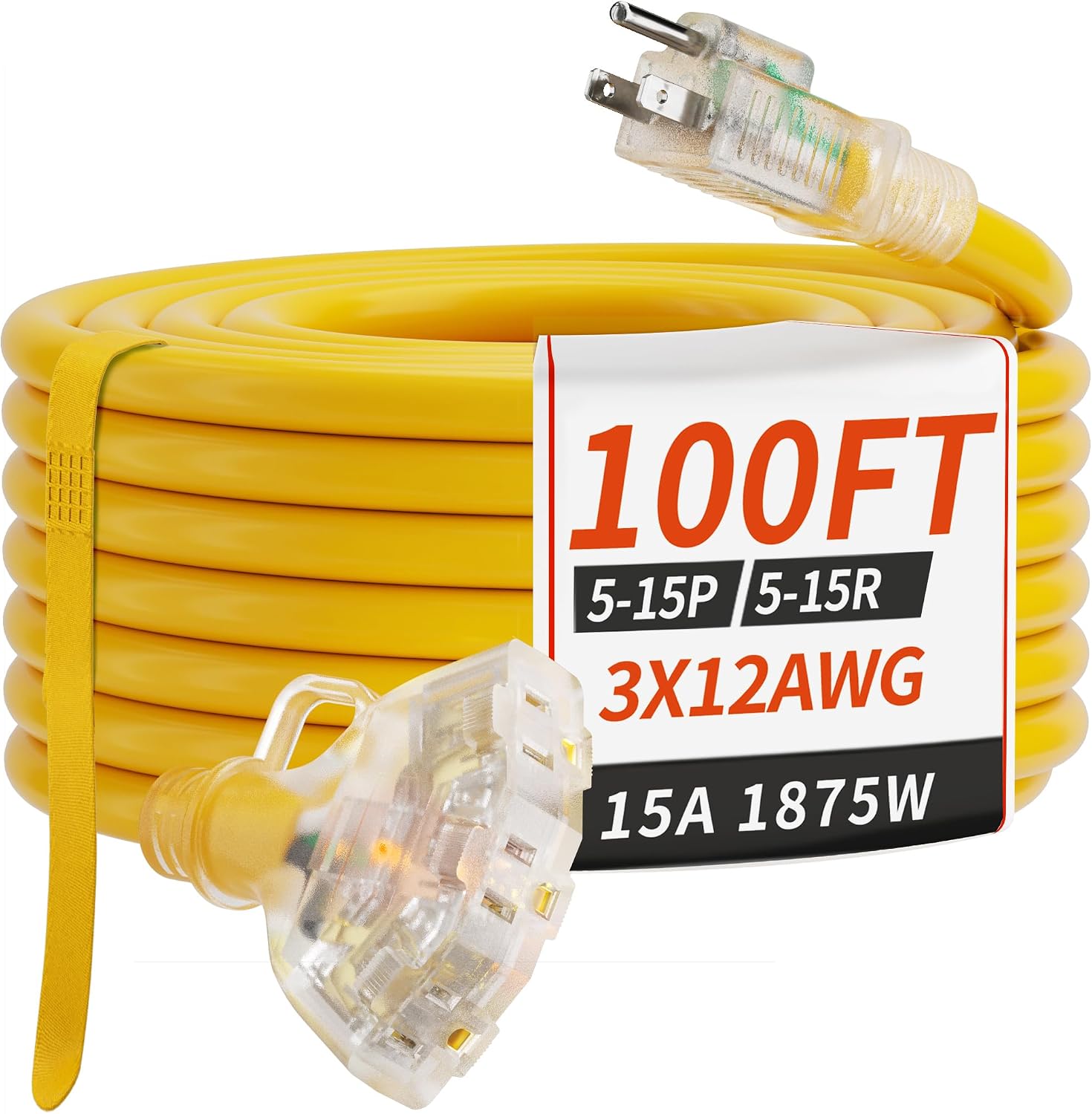 PlugSaf 100 FT 12 Gauge Yellow Heavy Duty Outdoor Extension Cord Waterproof