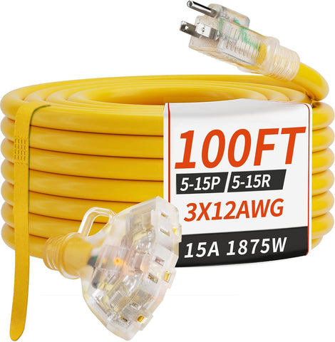 PlugSaf 100 FT 12 Gauge Yellow Heavy Duty Outdoor Extension Cord Waterproof