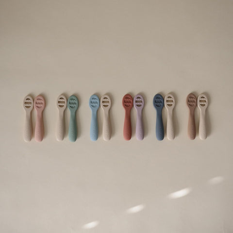 mushie Silicone First Feeding Baby Spoons | 2 Pack (Powder Blue/Shifting Sand)