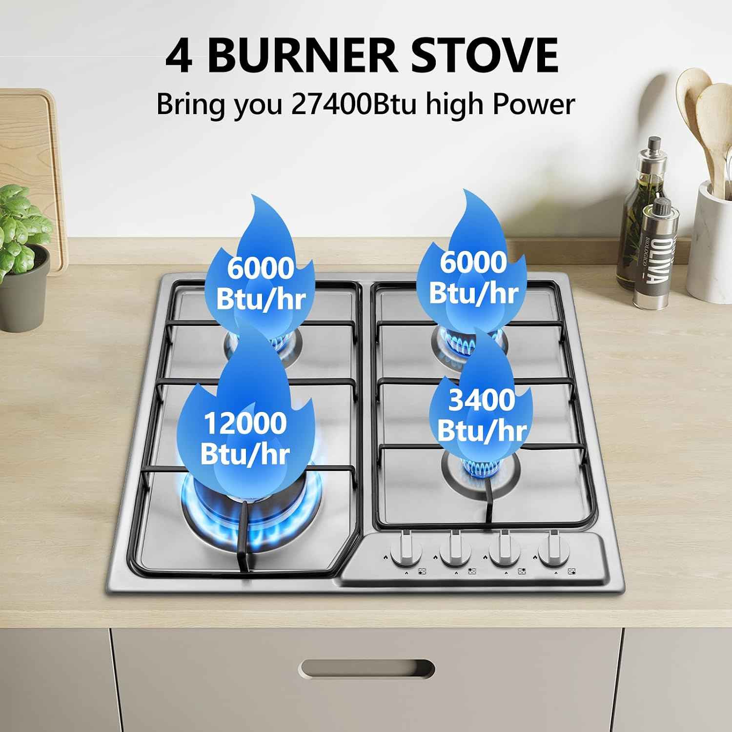 Gas Stove 24 inch, Propane Gas Cooktop Gas Stove 4 Burners for RVs, Motor Homes, NG LPG Convertible Gas Hob