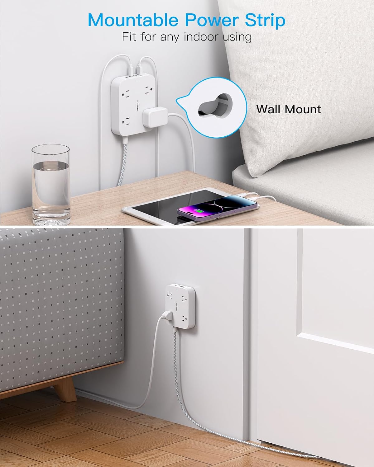 Flat Plug Extension Cord, 4 Widely Power Strip with 4 USB Ports(2 USB C)