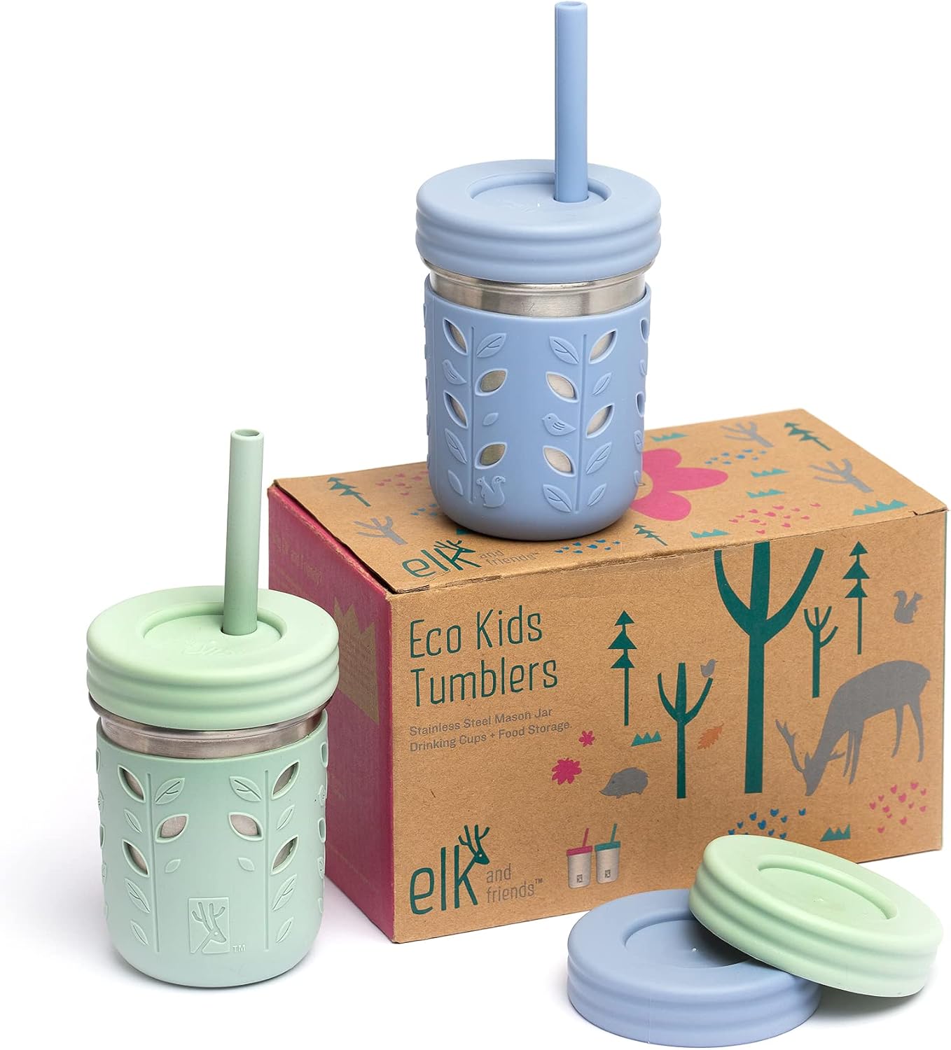 Elk and Friends Kids 10oz Stainless Steel Mason Jars + Sleeves + Lids | 2pk