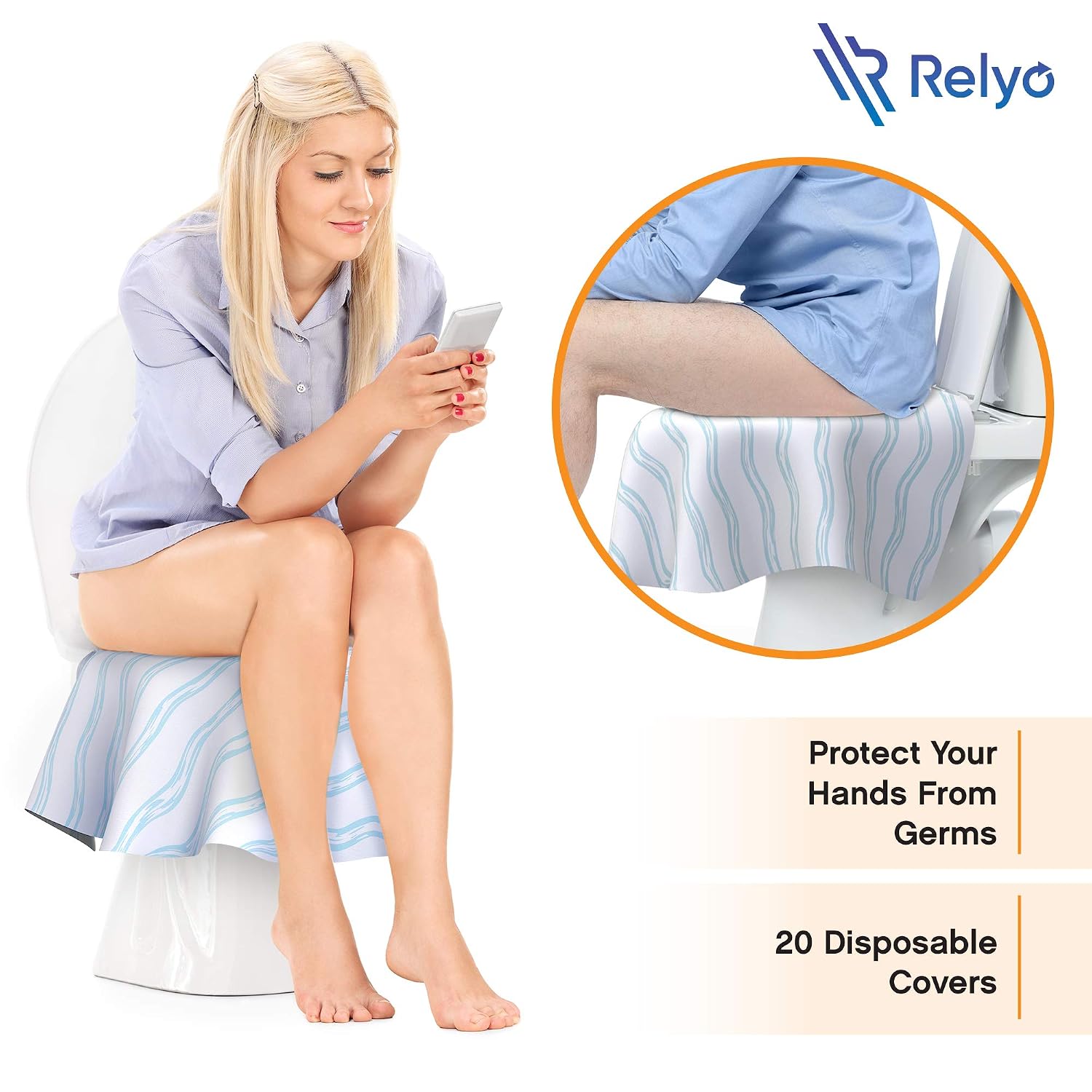 Relyo Disposable Toilet Seat Cover for Travel – 20 Pack with Covers Wrapped in Sets of 2, Non-Flushable Liners, Fits Most Seats – Kids, Toddlers, Adults (Waves, 20)