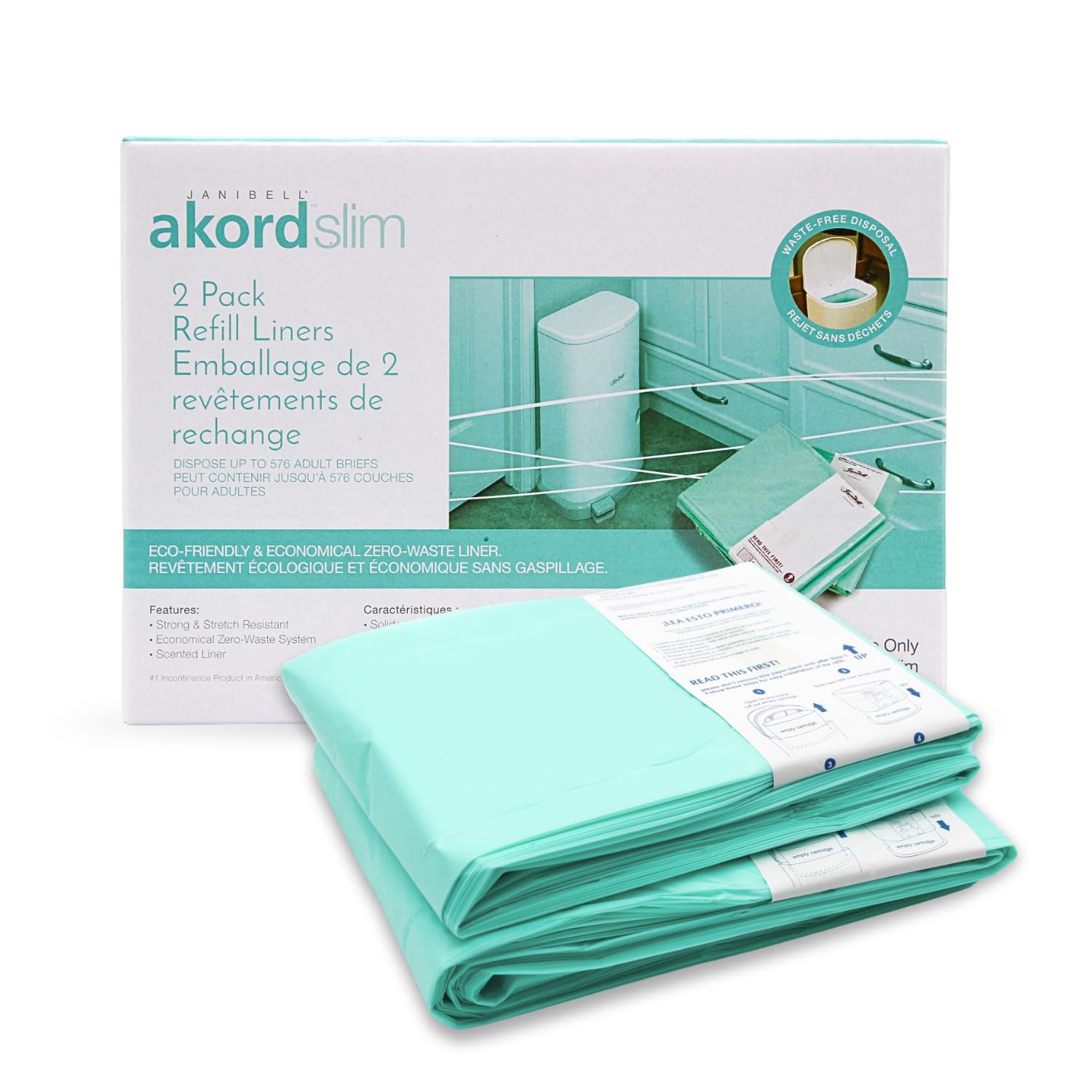 Janibell Akord Slim Adult Diaper Pail Refill Liners, 2 Count – Fits Akord 280 Slim, Odor Locking, Easy Cut & Tie, Hands-Free, Continuous Liner System – Each 2-Pack Holds Up to 576 Adult Diapers
