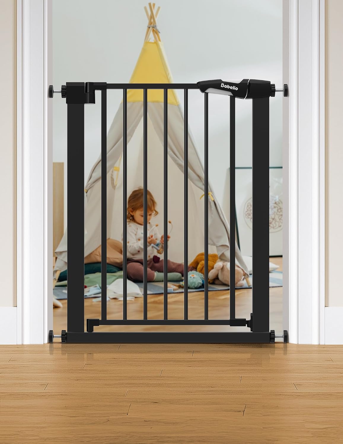 Bebelio 26–28.5" Narrow Baby Gate, No Driiling, PressGuard P7, Black
