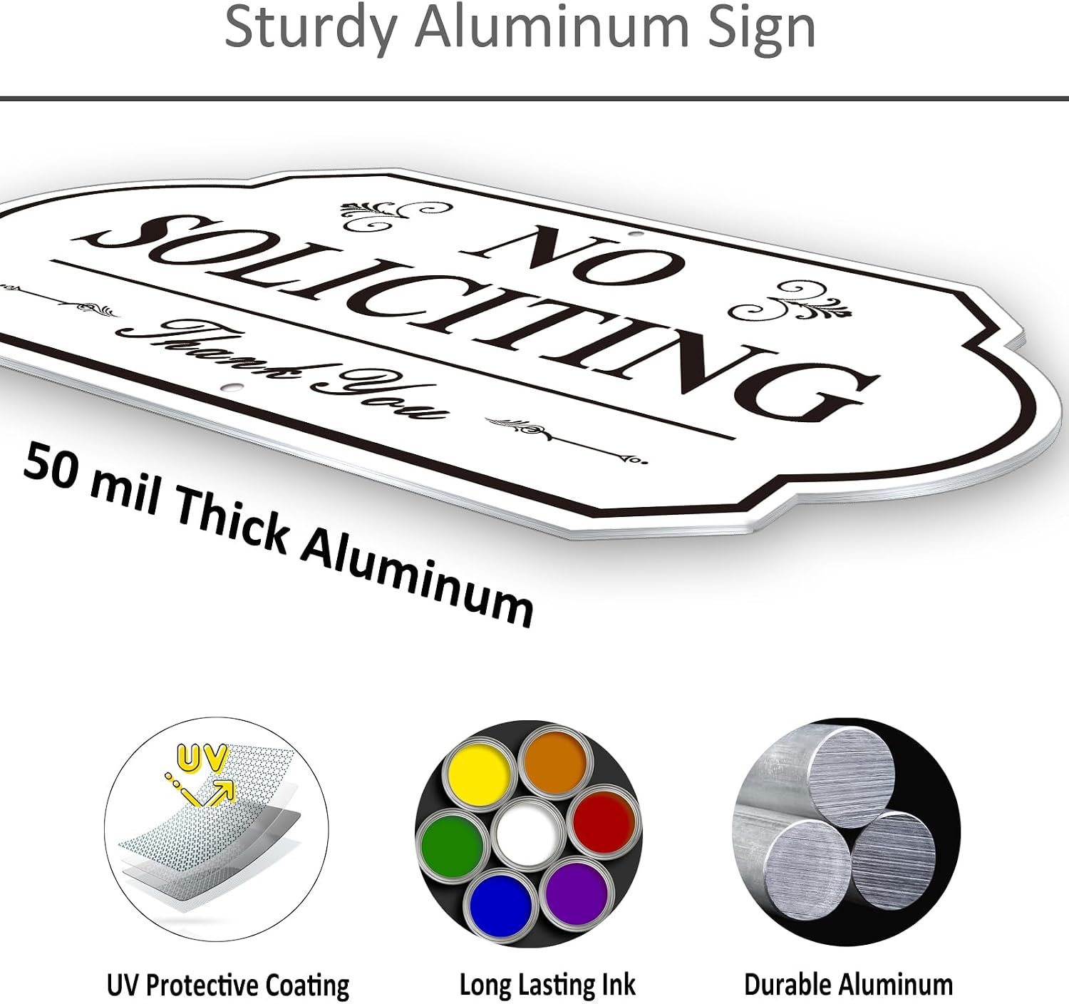 Heavy Duty No Soliciting Sign for House - All Metal Construction No Soliciting Yard Sign - 14" x 7" - Aluminum - with 28" Long Stake (BLACK and WHITE)