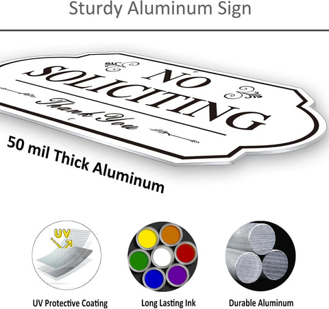 Heavy Duty No Soliciting Sign for House - All Metal Construction No Soliciting Yard Sign - 14" x 7" - Aluminum - with 28" Long Stake (BLACK and WHITE)