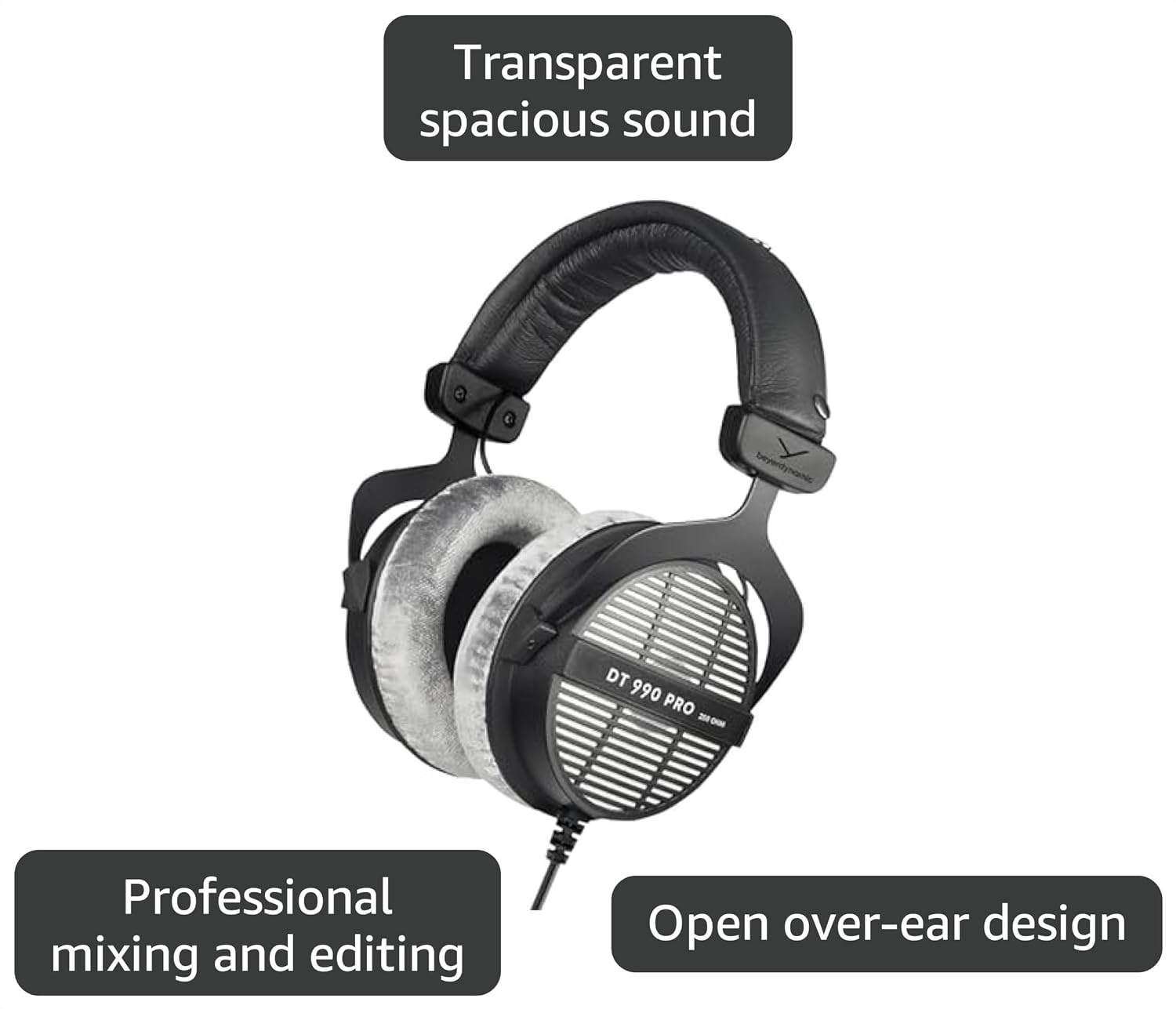 beyerdynamic DT 990 PRO, 250 Ohm, Open Back, Over Ear, Wired Headphones, 3m Coiled Cable, Black with Grey Velour Ear Pads