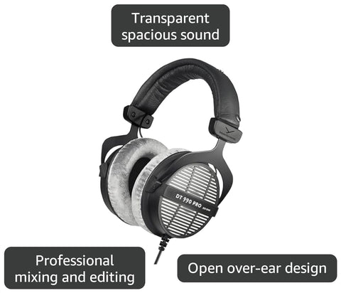 beyerdynamic DT 990 PRO, 250 Ohm, Open Back, Over Ear, Wired Headphones, 3m Coiled Cable, Black with Grey Velour Ear Pads