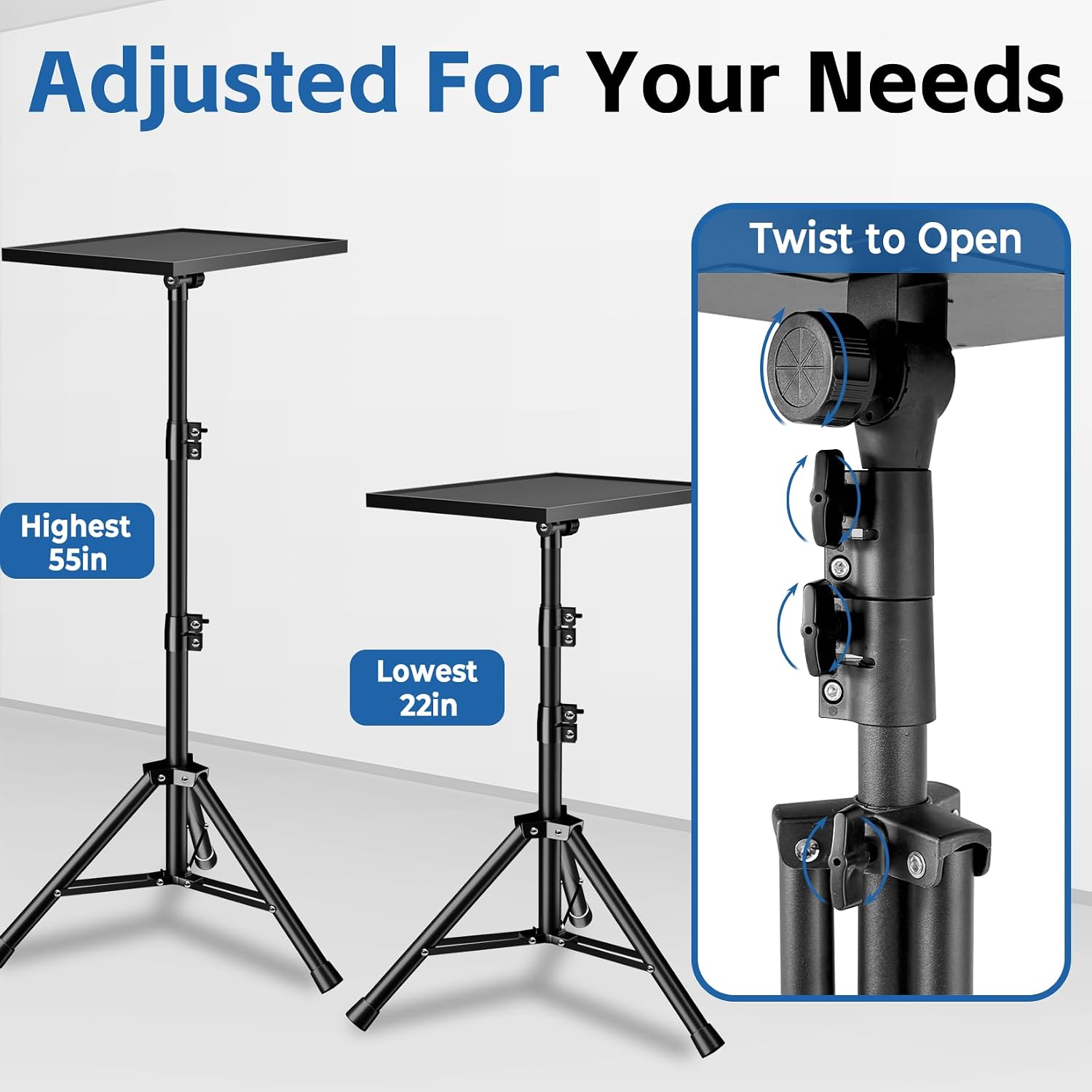 Projector Stand, 33LB Load Bearing & 22-55" Height Adjustable, for Projector/Laptop/DJ Gear, Outdoor/Office/Studio - Stable Base (Black)