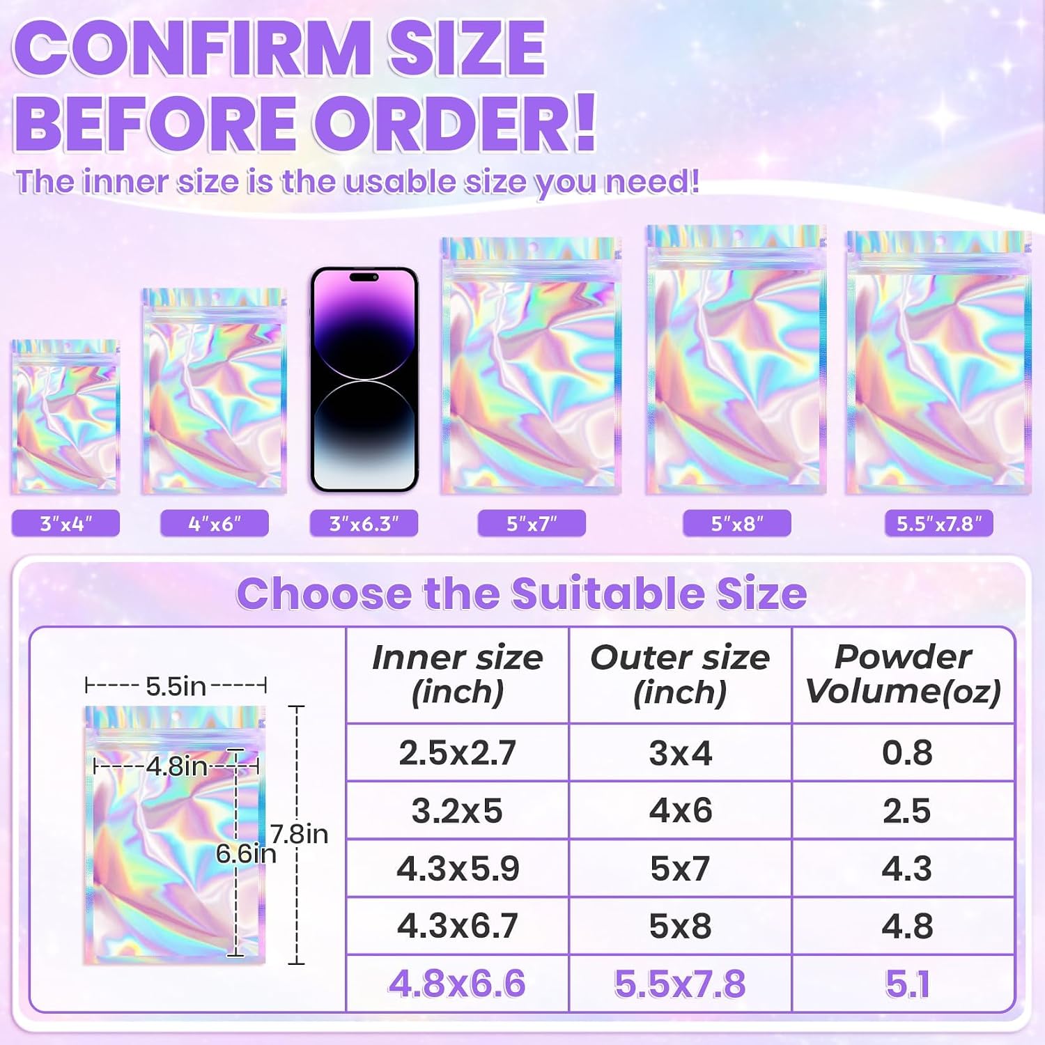 ANZNKU Holographic Mylar Bags Resealable 50PCS, 5.5x7.8 Smell Proof Packaging Bags Snack Baggies for Candy Jewelry Goodie Party Favor, Small Plastic Pouches Bulk for Small Business Halloween Christmas