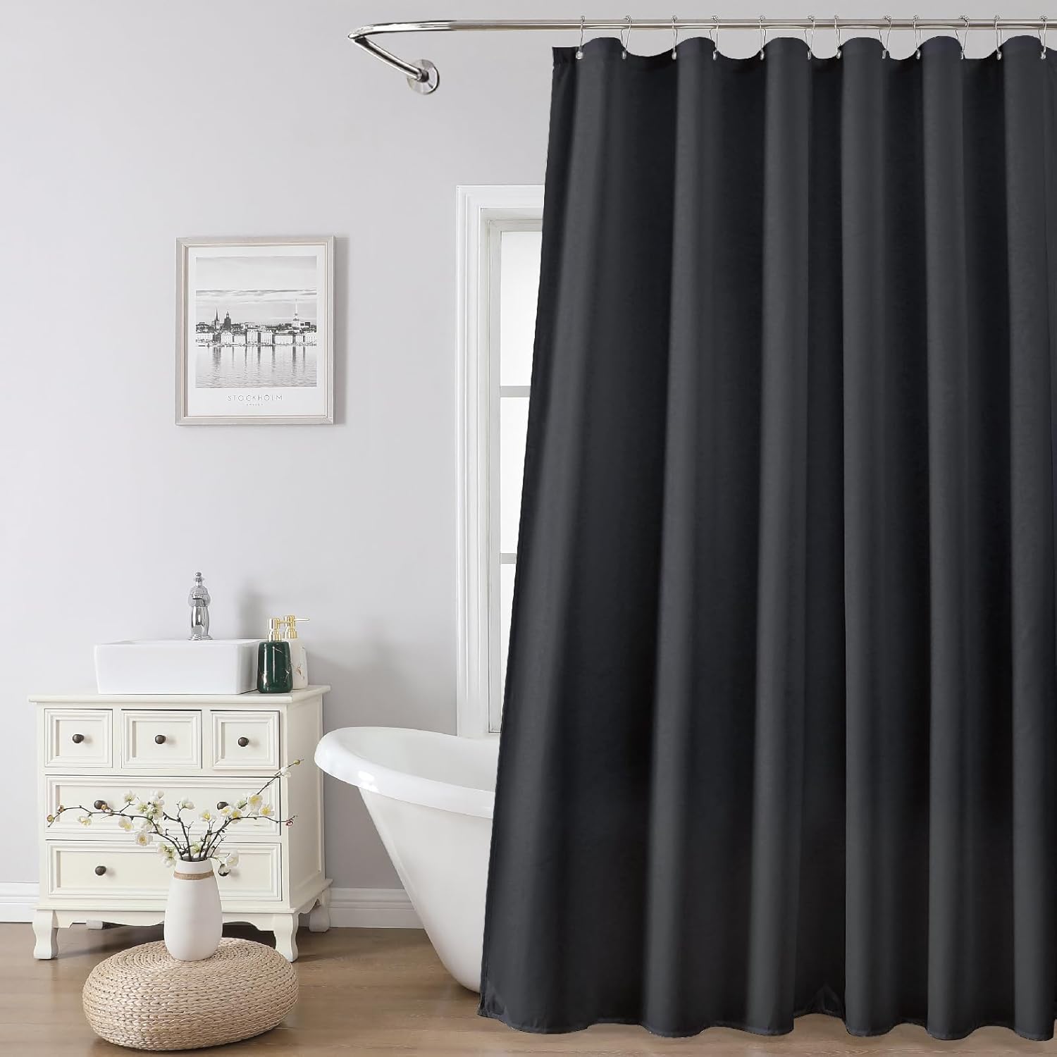 1 Pack Water-Repellent Fabric Shower Curtain Liner, 72x66 Black