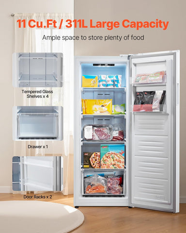 VEVOR Convertible Freezer/Refrigerator, 11 Cu.Ft Frost Free Upright Freezer with Temp Control Panel, Reversible Door, Adjustable Glass Shelves and LED, Standing Fridge for Kitchen, Office, Garage