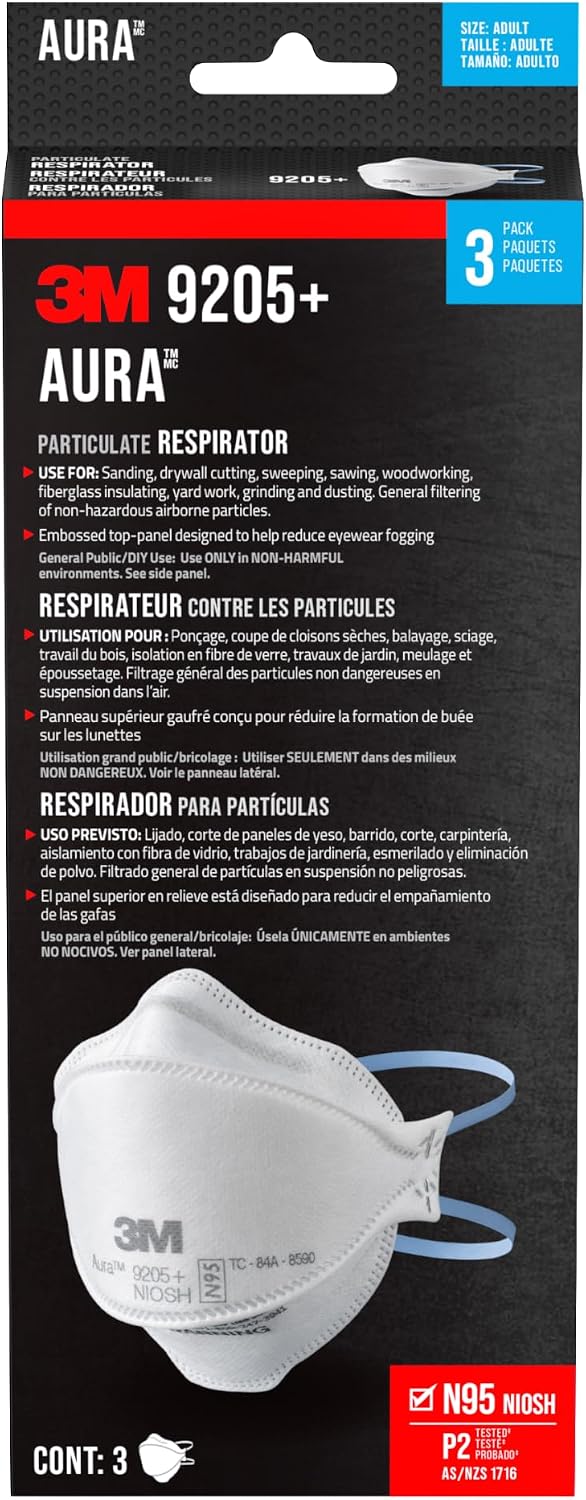 3M Aura Particulate Respirator 9205+, N95 Disposable Respirator, 3 pk