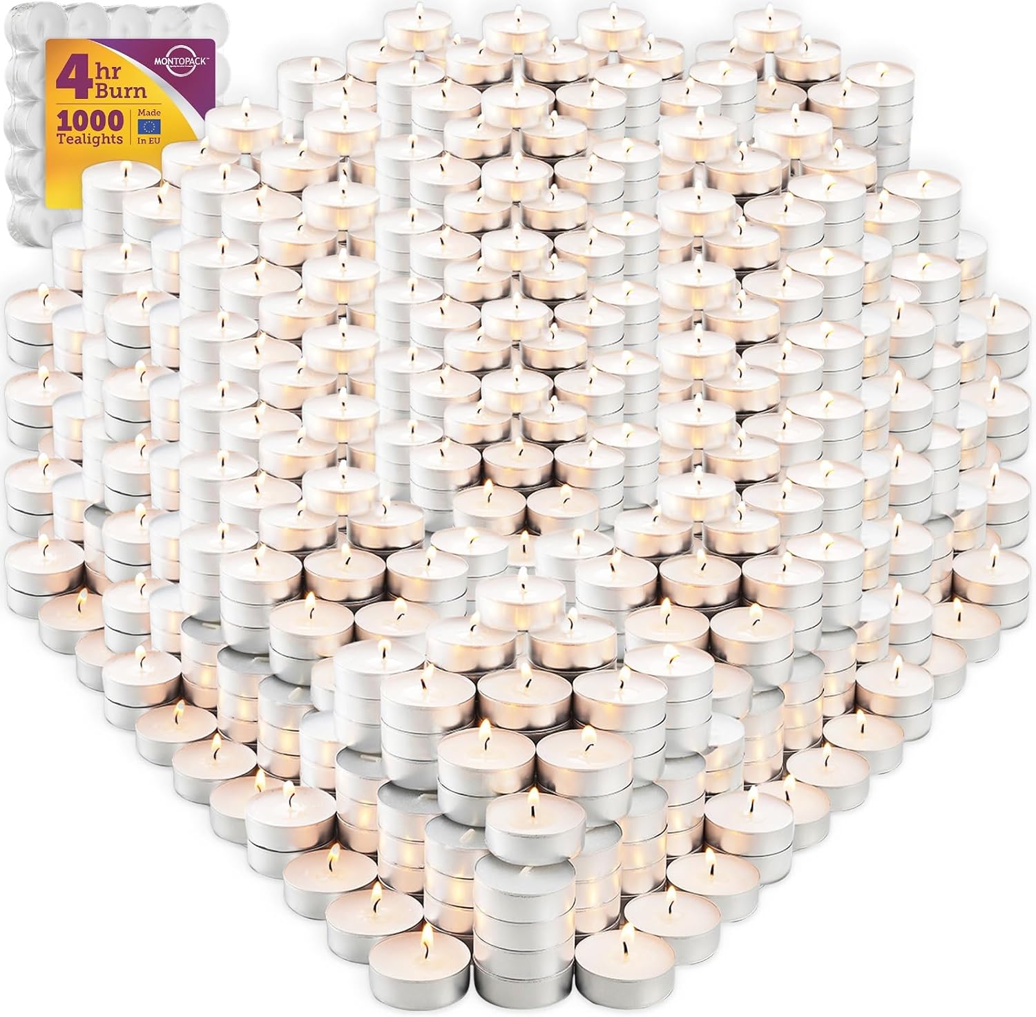 MontoPack Unscented Tea Light Candles Bulk 1000 Pack | 4 Hours, White,Smokeless,Dripless Small Votive Paraffin Tealights | Long-Lasting for Home, Shabbat, Weddings, Events, Emergencies | Mini Candles