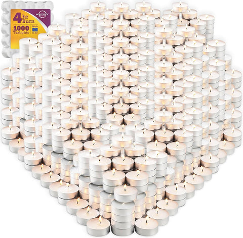 MontoPack Unscented Tea Light Candles Bulk 1000 Pack | 4 Hours, White,Smokeless,Dripless Small Votive Paraffin Tealights | Long-Lasting for Home, Shabbat, Weddings, Events, Emergencies | Mini Candles