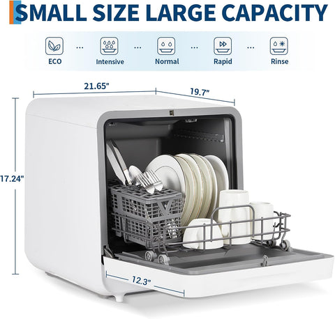 Portable Countertop Dishwasher – No Installation Needed, 2 in-1s Self-Priming & Dual Water Inlet Modes, 72℃ Hot Air Drying, Compact for Home, Apartment, RV Use with Large Display