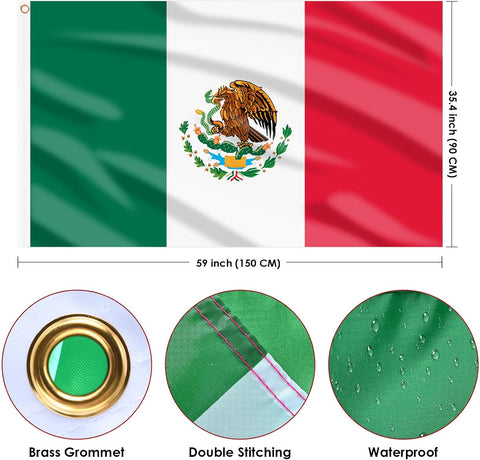 AhfuLife Mexico Flag 3x5 Ft, Large Mexican Flags for Cinco de Mayo Party Decorations - Double Sided with Brass Eyelets for Bar Garden Street Decoration Indoor Outdoor