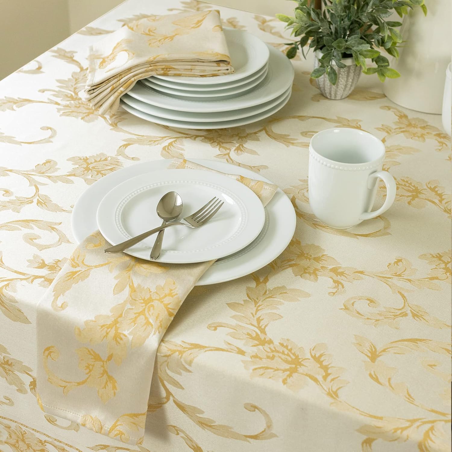 Benson Mills Harmony Scroll Woven Damask Fabric Tablecloth, Everyday, Parties, Special Occasions, Weddings and Holiday Table Cloth (60" X 120" Rectangular, Silver – Gold)