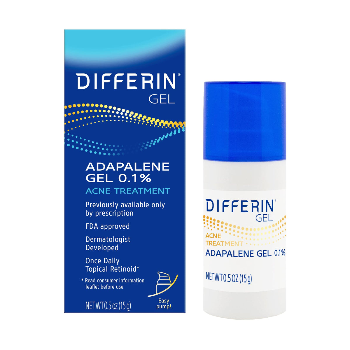 Differin Acne Treatment Gel, 30 Day Supply, Retinoid Treatment for Face with 0.1% Adapalene, Gentle Skin Care for Acne Prone Sensitive Skin, 15g Pump (Packaging May Vary)