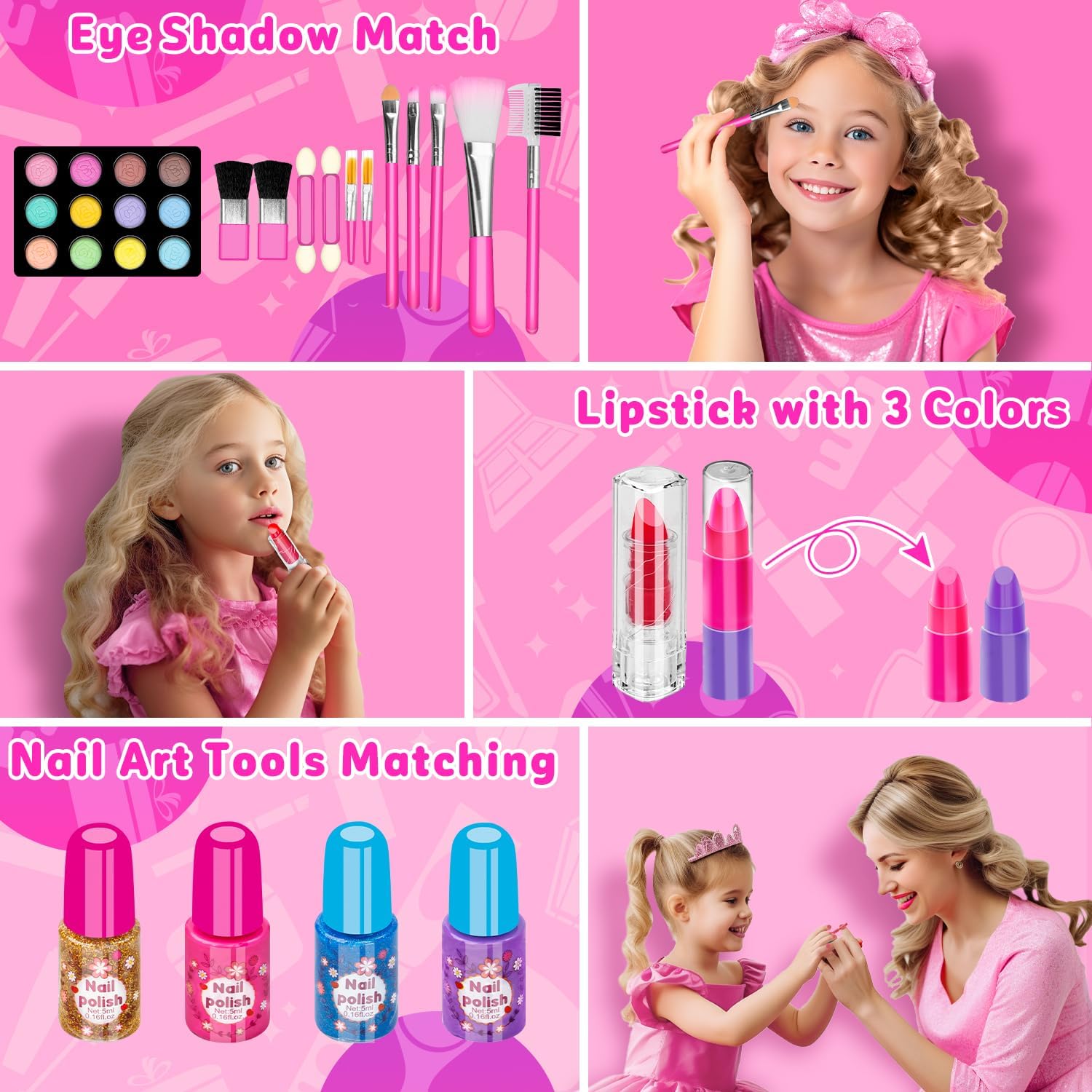 Hollyhi 58 Pcs Kids Makeup Toys Kit for Girls, Real Washable Make Up Set