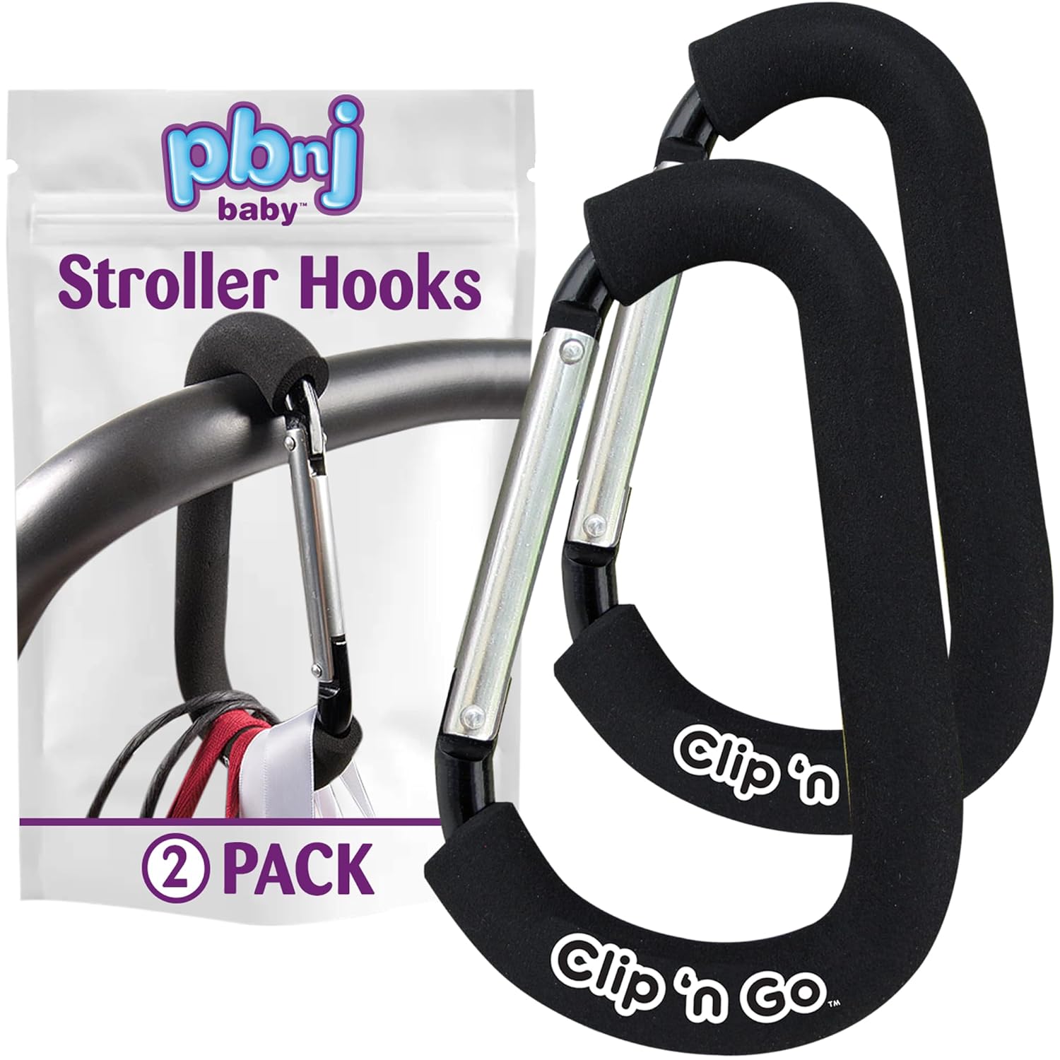 PBnJ Baby Stroller Hooks, Large Carabiner Clip, Diaper Bag Purse, 2 Pack