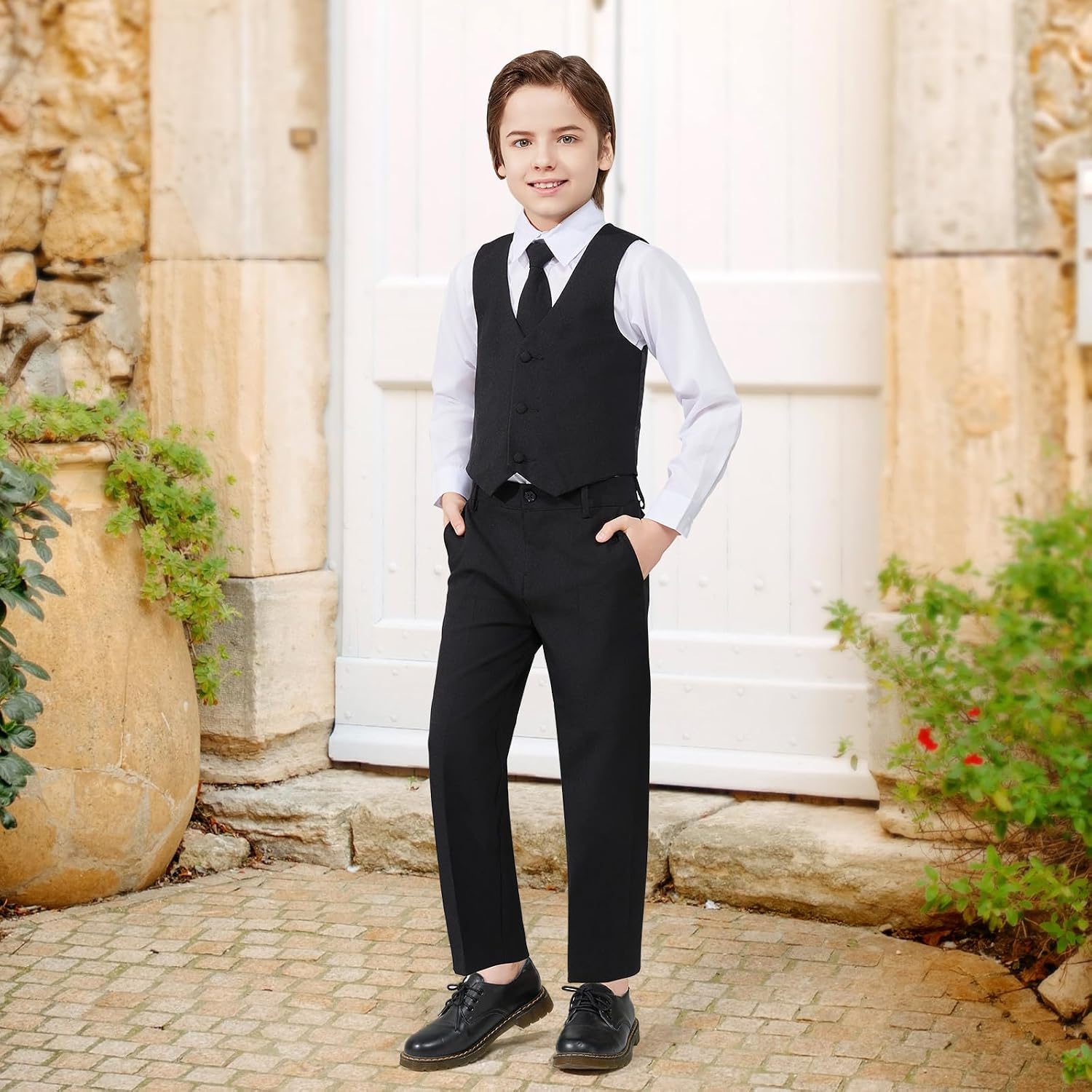 Luca Gabriel Toddler Boys' 5 Piece Classic Fit No Tail Formal Khaki Dress Suit Set with Tie and Vest