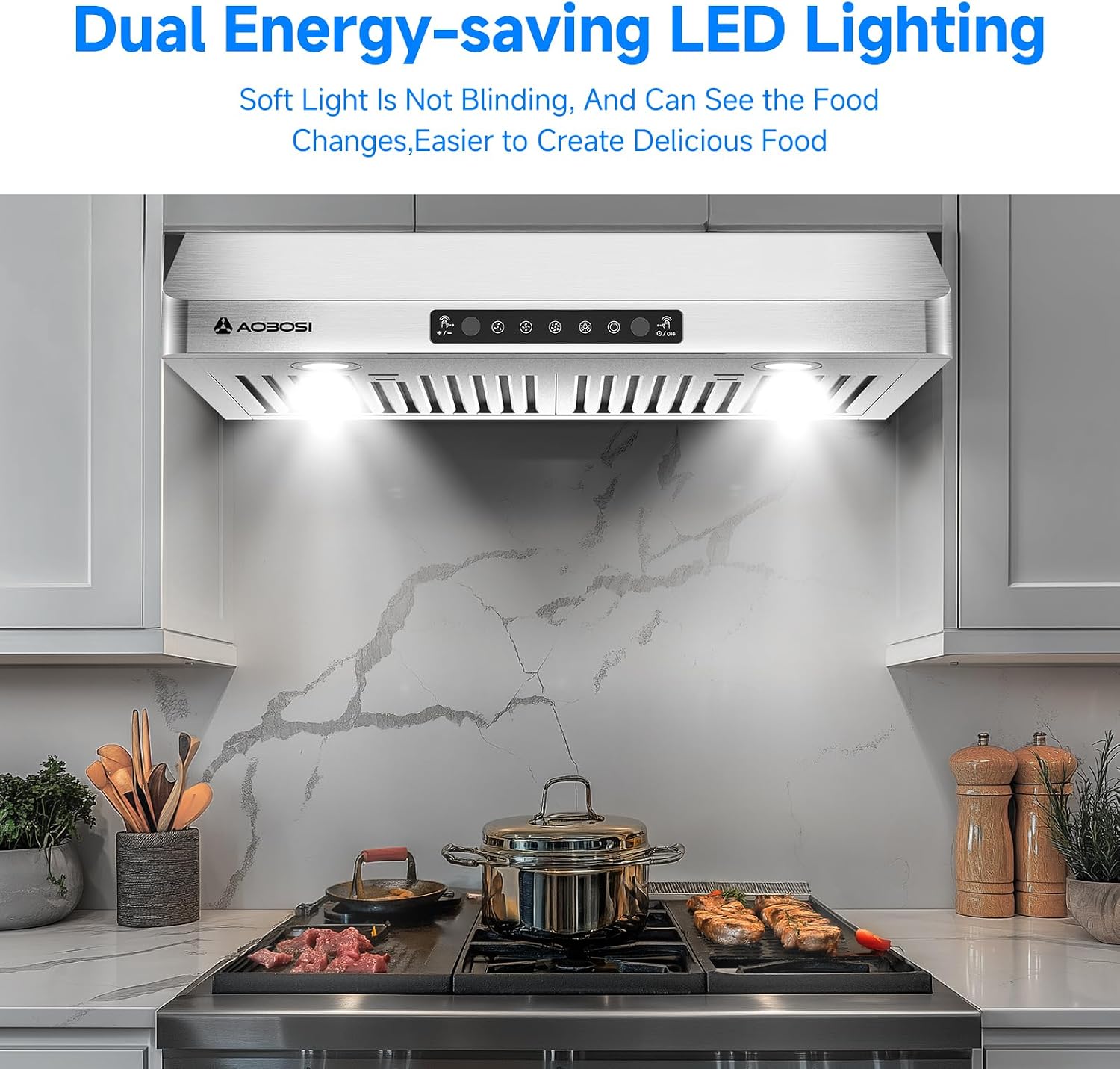 AAOBOSI Range Hood 30 inch Under Cabinet, (Upgraded)800-CFM Gesture Sensing/Touch Control/Motor,3 Speed Range Hood with LED Lights Exhaust Fan, Stainless Steel Kitchen Vent Hood