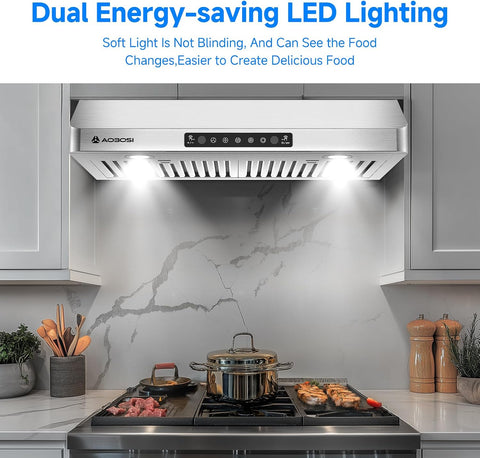 AAOBOSI Range Hood 30 inch Under Cabinet, (Upgraded)800-CFM Gesture Sensing/Touch Control/Motor,3 Speed Range Hood with LED Lights Exhaust Fan, Stainless Steel Kitchen Vent Hood