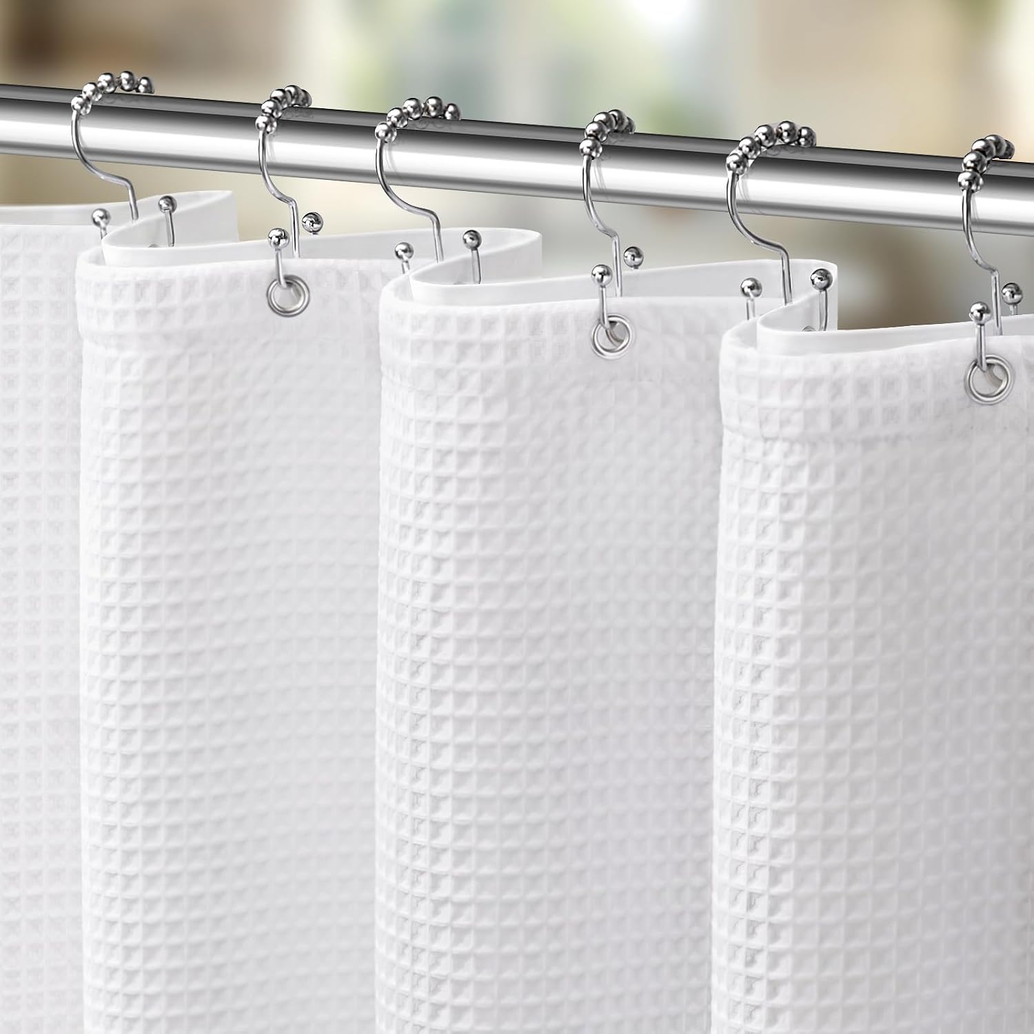 3 in 1 Shower Curtain Set Waffle Shower Curtain with Hooks and Liner Set, Cotton White Fabric Shower Curtains for Bathroom, Washable, 72Wx72L