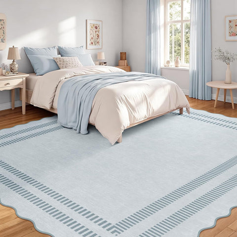 Washable 8x10 Area Rugs for Living Room, Solid Blue Large Bedroom Rug Non-Slip Stain Resistant Dining Room Rugs, Soft Scalloped Carpet for Nursery Kids Room Office