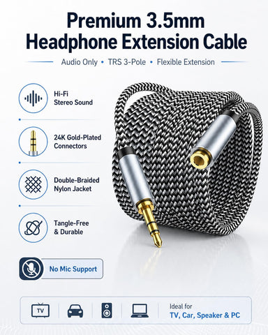 Headphone Extension Cable 10ft - Aux 3.5mm Extension Cable Male to Female, 1/8 Inch TRS Stereo Audio Jack Extender for Car, Speaker, TV, PC (Audio Only, No Mic)